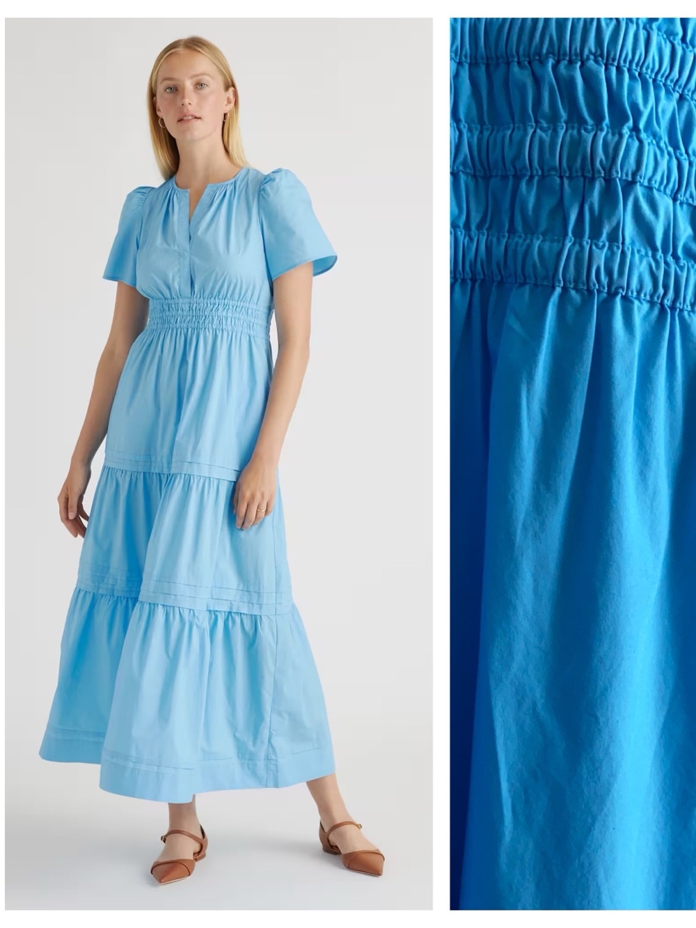 Quince Coneflower Blue 100% Organic Cotton Poplin Tiered Maxi Dress Large